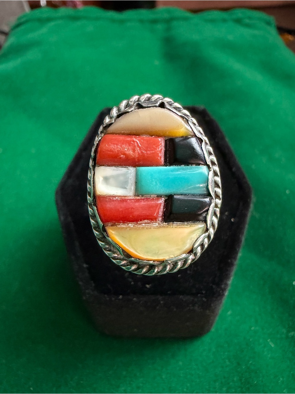 Vintage Sterling Silver Multi Stone Inlay Oval Statement Ring Size 9